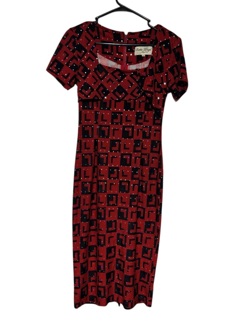 Vintage Geometric Sequin Pencil Dress Size M Art Deco Great Gatsby‎ Red Black